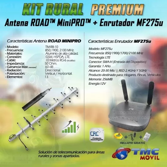 KIT Combo Antena Amplificadora de Señal ROAD™ MiniPRO TMC Movil® + Enrutador Simcard Homologado MF275U x2 Antenas 5dBi