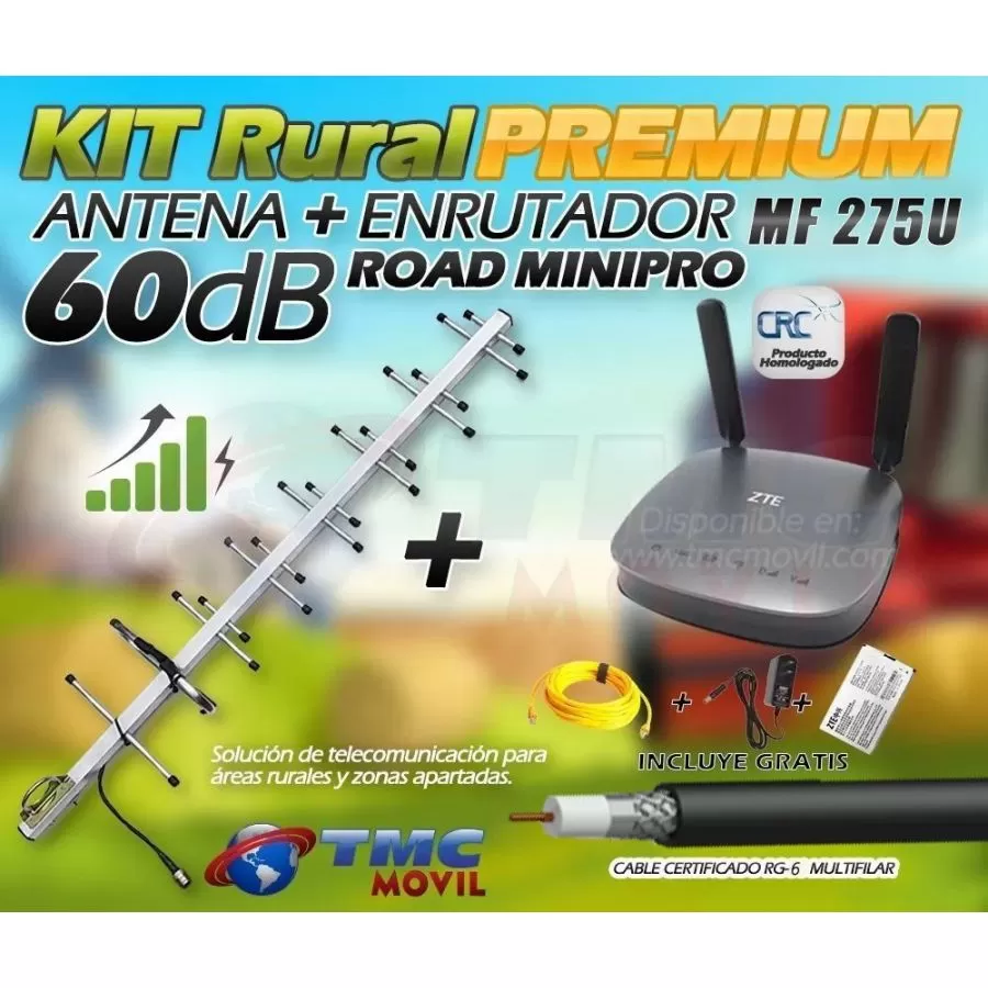 KIT Combo Antena Amplificadora de Señal ROAD™ MiniPRO TMC Movil® + Enrutador Simcard Homologado MF275U x2 Antenas 5dBi