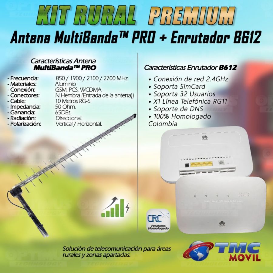 KIT Antena Amplificadora De Señal Multibanda PRO 65 Db Con Enrutador Huawei B612