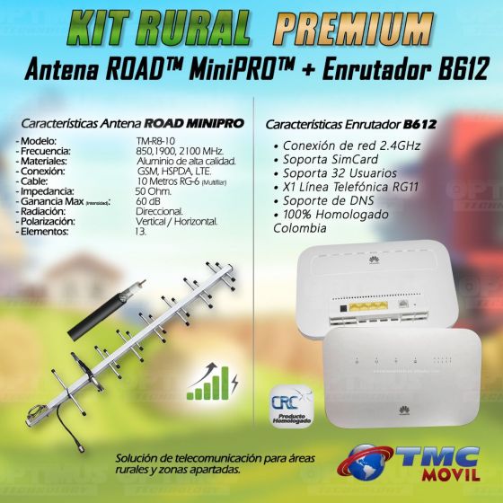 KIT Antena Amplificadora De Señal Road MiniPRO 60 Db Con Enrutador Huawei B612