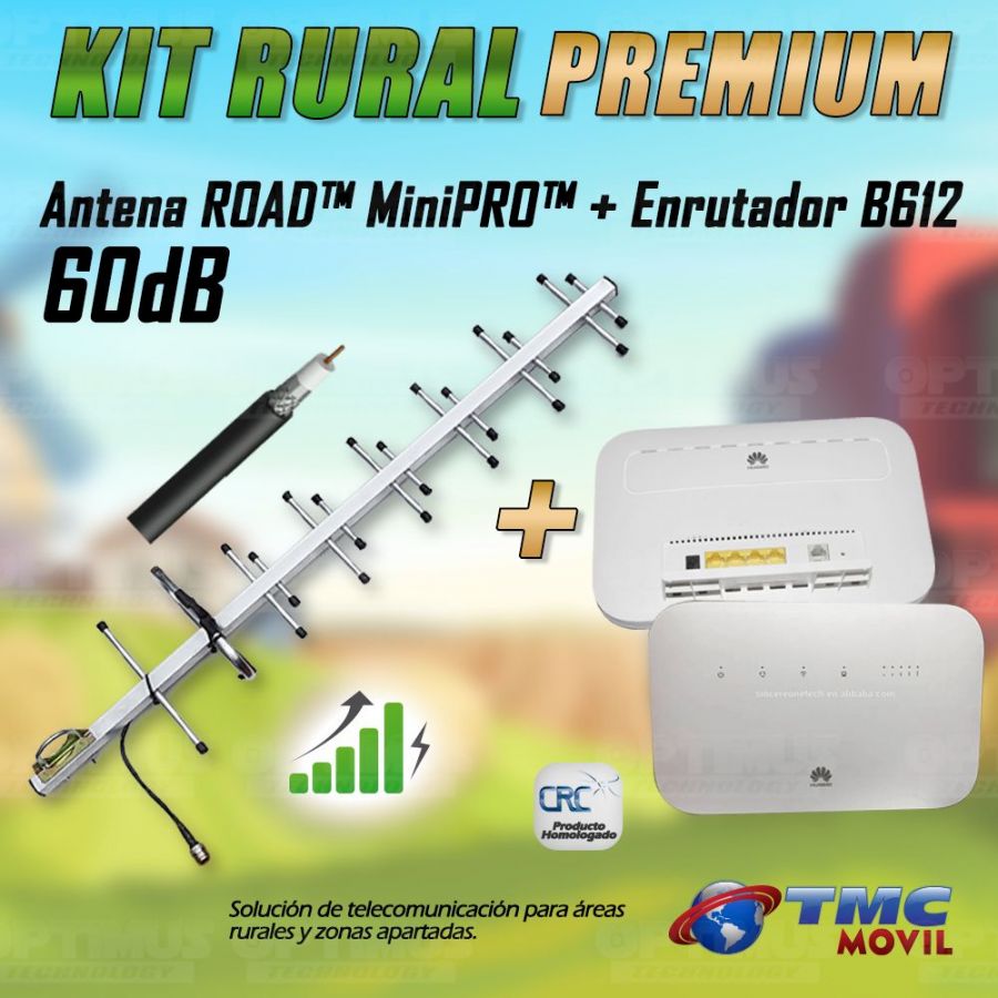 KIT Antena Amplificadora De Señal Road MiniPRO 60 Db Con Enrutador Huawei B612