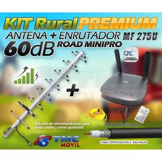 KIT Antena Amplificadora De Señal Road MiniPRO 60 Db Con Enrutador ZTE MF275u