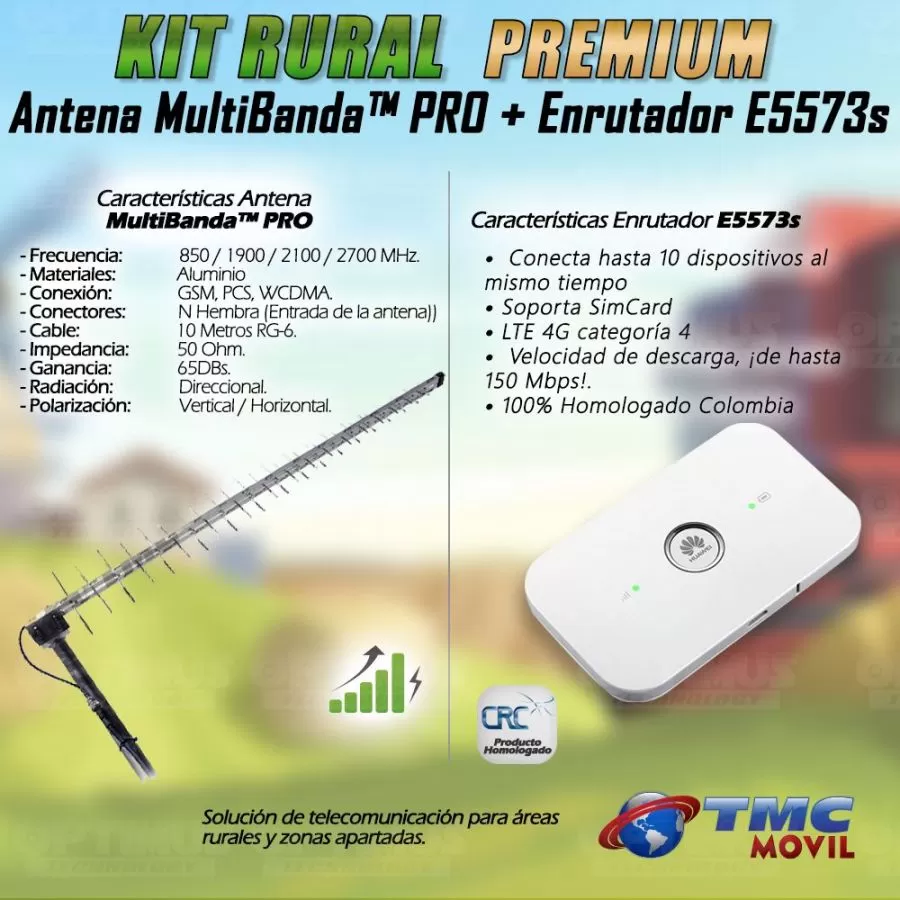 KIT Antena Amplificadora De Señal Multibanda PRO 65 Db Con Enrutador Mifi Huawei E5573s-508