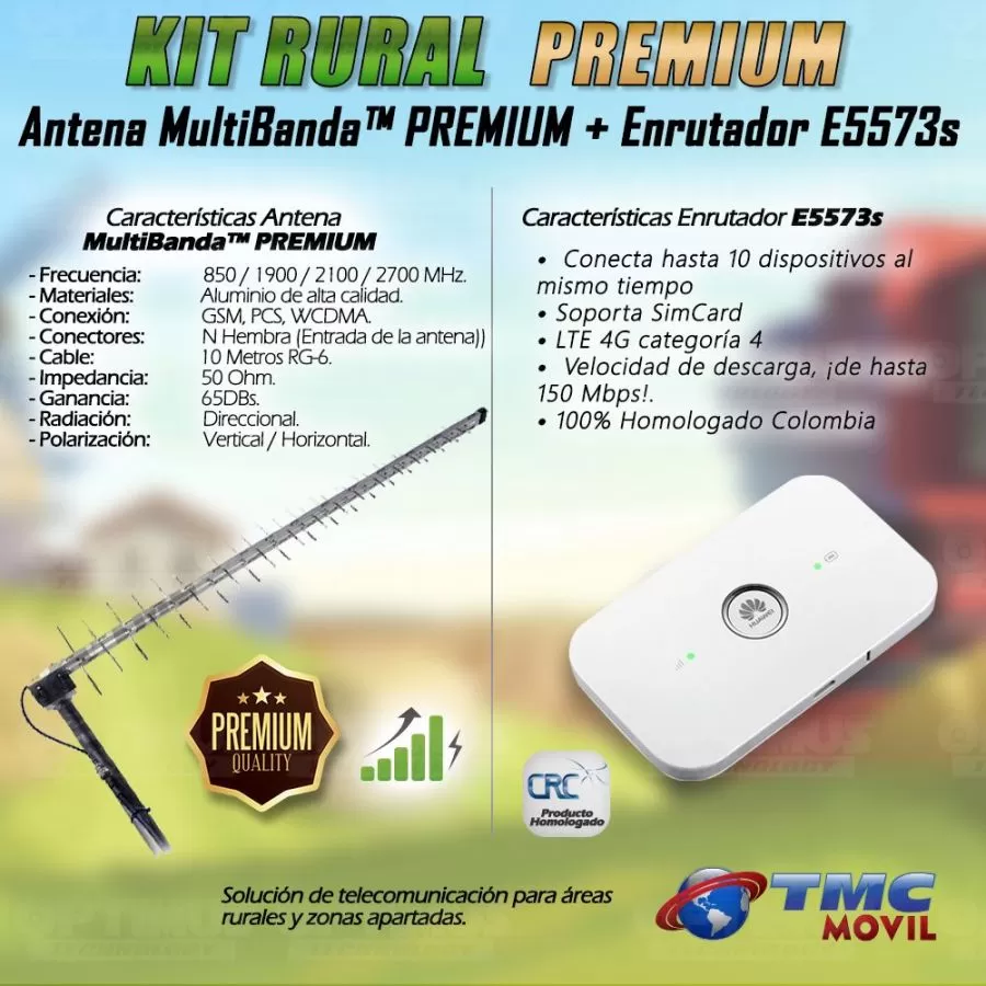 KIT Antena Amplificadora De Señal Multibanda PREMIUM 65 Db Con Enrutador Mifi Huawei E5573s-508