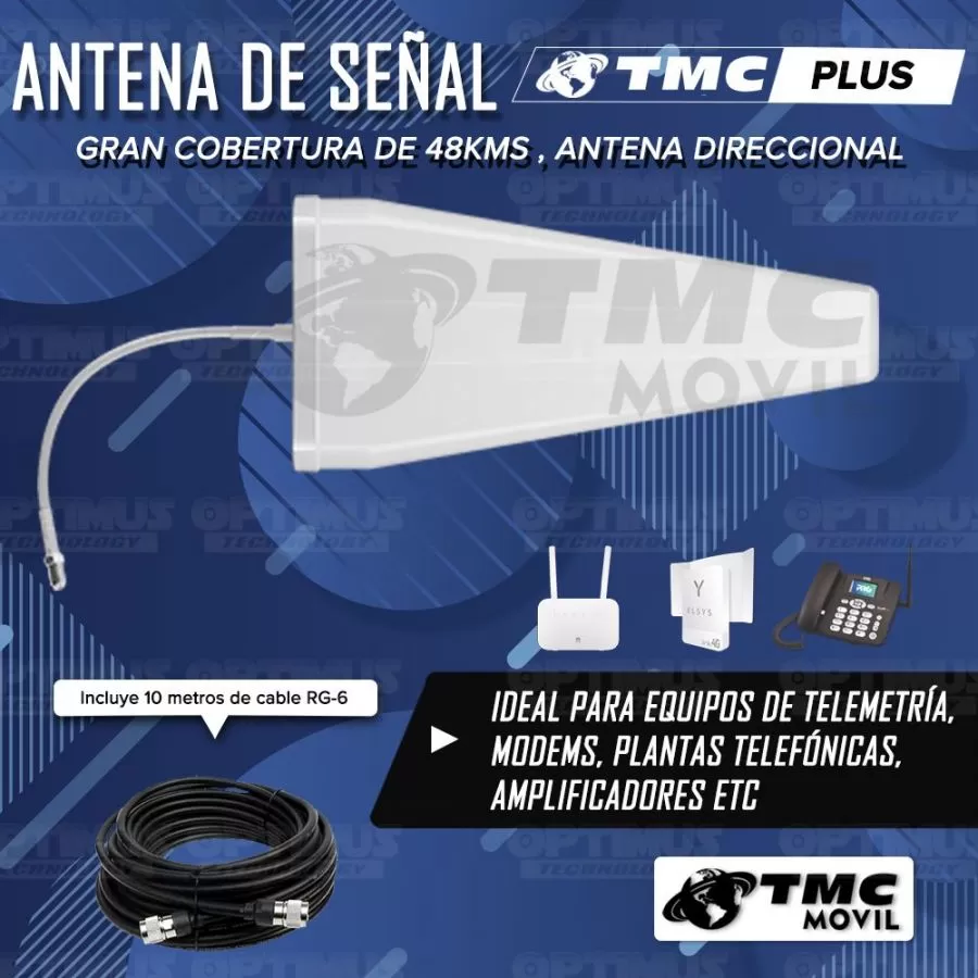 Antena amplificadora de señal Cuatriband TMC Plus 4GLTE 65dB Surecall SC-231W + 10 metros de cable RG-6