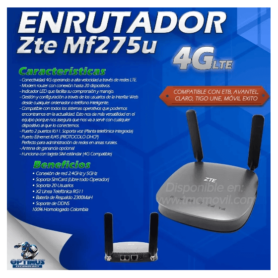 Modem de Internet Enrutador ZTE MF275U 4GLTE + x2 Antenas Omnidireccionales 5dBi + Batería 2300MaH Homologado