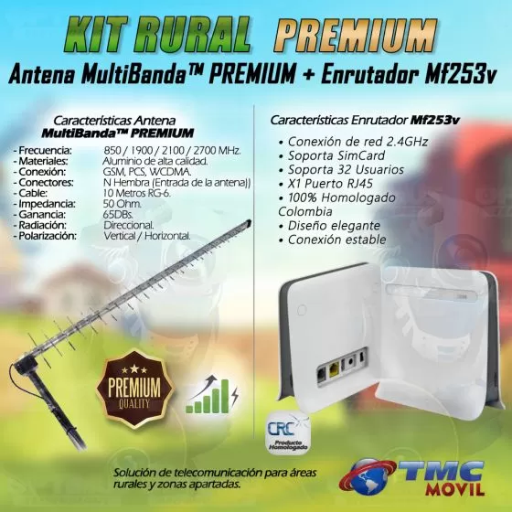 KIT Antena Amplificadora De Señal Zona Rural Multibanda PREMIUM 65 Db Y Router Modem Zte Mf253v