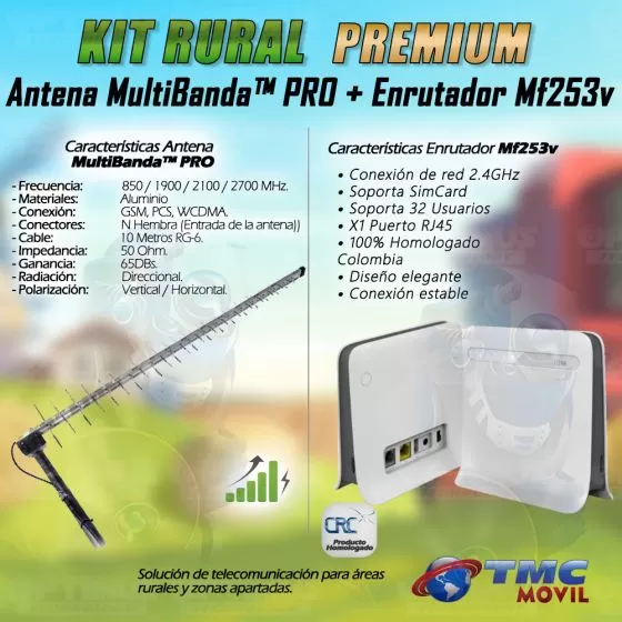 KIT Antena Amplificadora De Señal Zona Rural Multibanda PRO 65 Db Y Router Zte Mf253v