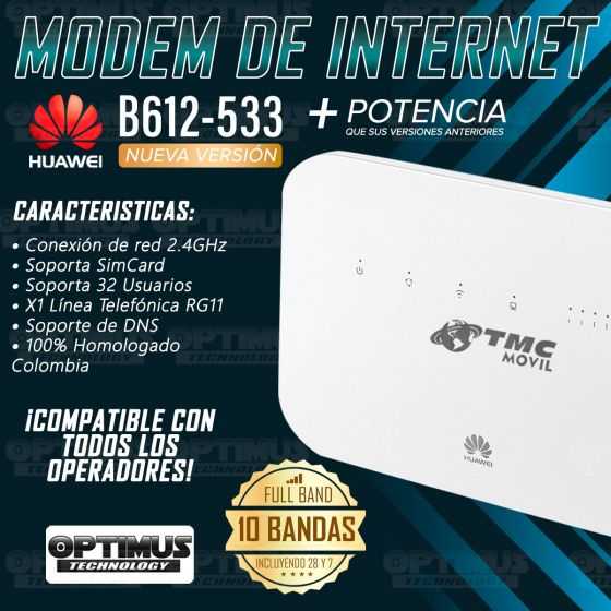 Modem de Internet Wifi 4GLTE SIMCARD Enrutador HUAWEI B612-533 (Compatible 4.5G) 4 Puertos Ethernet Gigabit