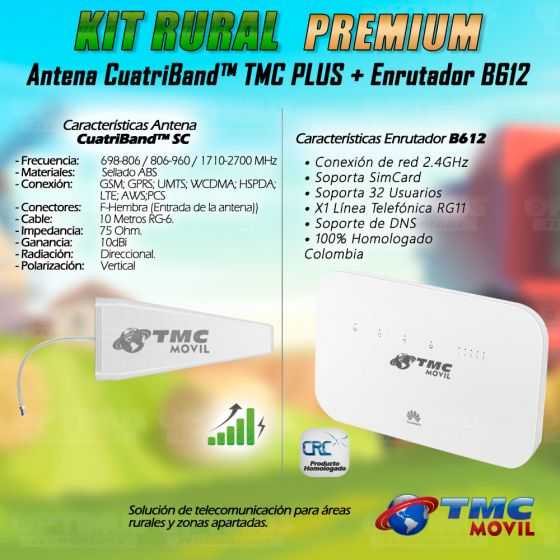 KIT Antena Amplificadora De Señal Cuatriband 10dbi TMC PLUS Con Enrutador Huawei B612-533 Libre todo Operador