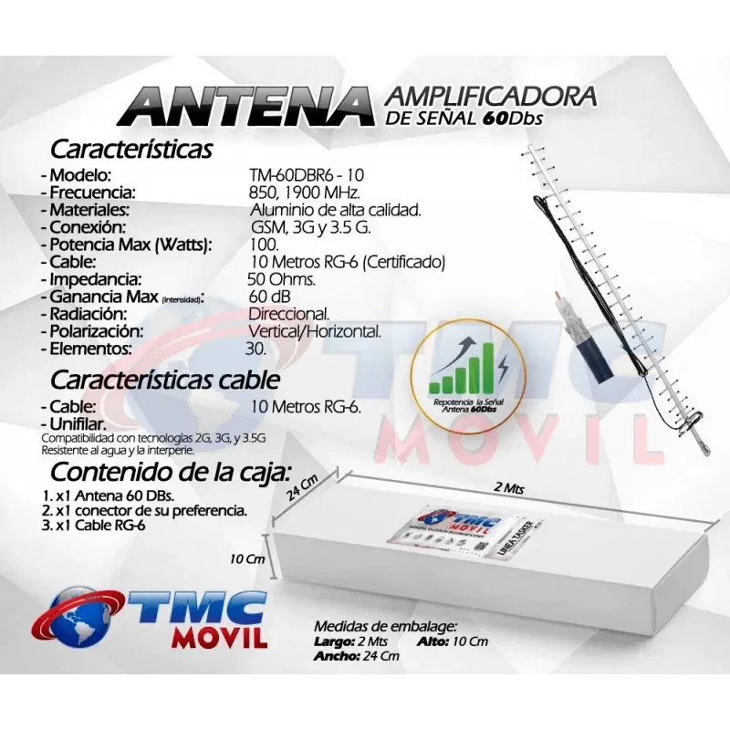 ANTENA YAGI TASKER 60DB + 10M CABLE RG6 PPC BELDEN CONECTOR F