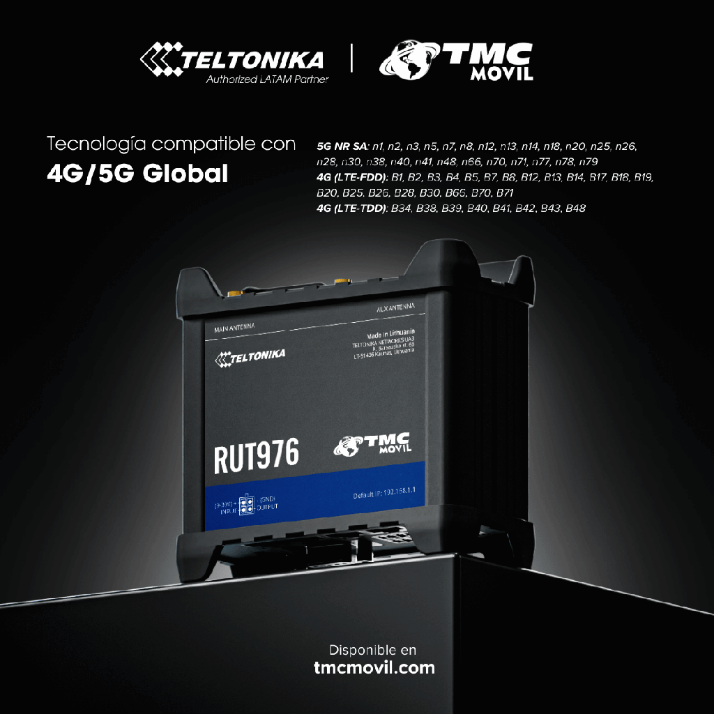 Router 4G/5G Teltonika RUT976 Dual SIM con 4 P. Ethernet y Puerto Serial RS232 RS485 – LTE Cat 4 (Bandas Completas LATAM)