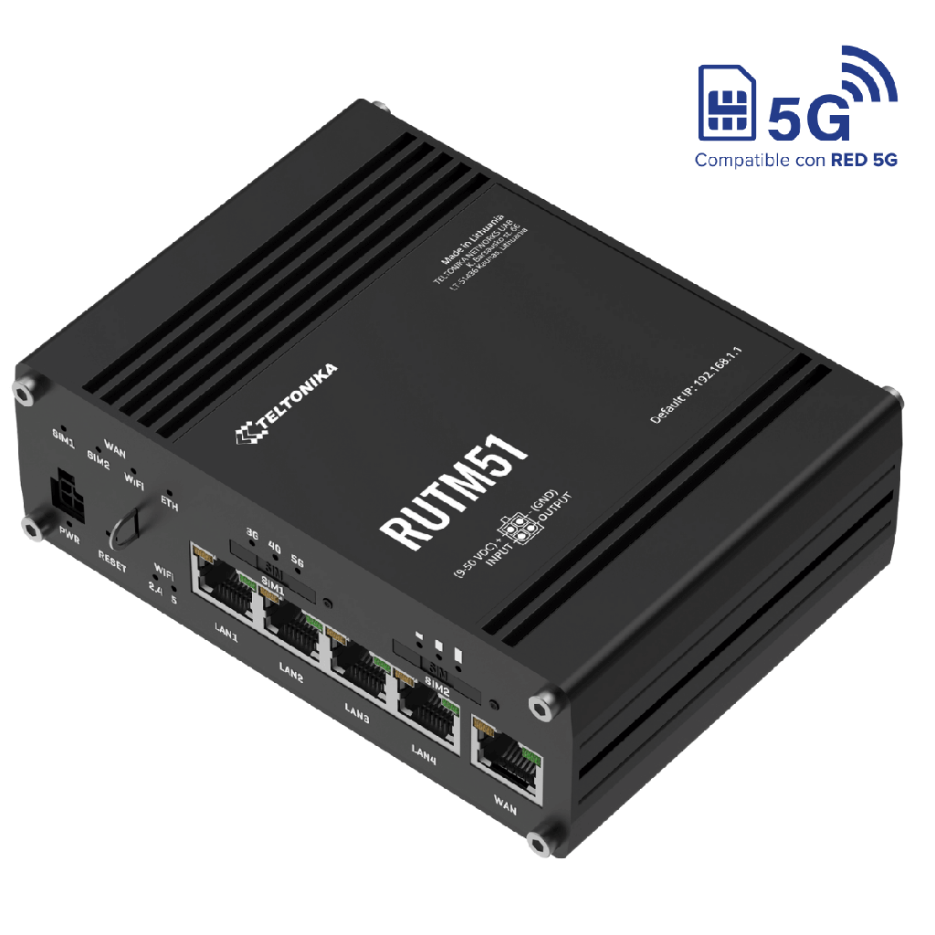 Router TELTONIKA Original RUTM51 5G y 4GLTE, Doble Simcard CAT12, Wifi DualBand 5 Puertos Ethernet,5G NR: n1, n3, n5, n7, n8, n20, n28, n38, n40, n41, n66, n77, n78 LTE-FDD: B1, B2, B3, B4, B5, B7, B8, B20, B28, B66 LTE-TDD: B38, B40, B41