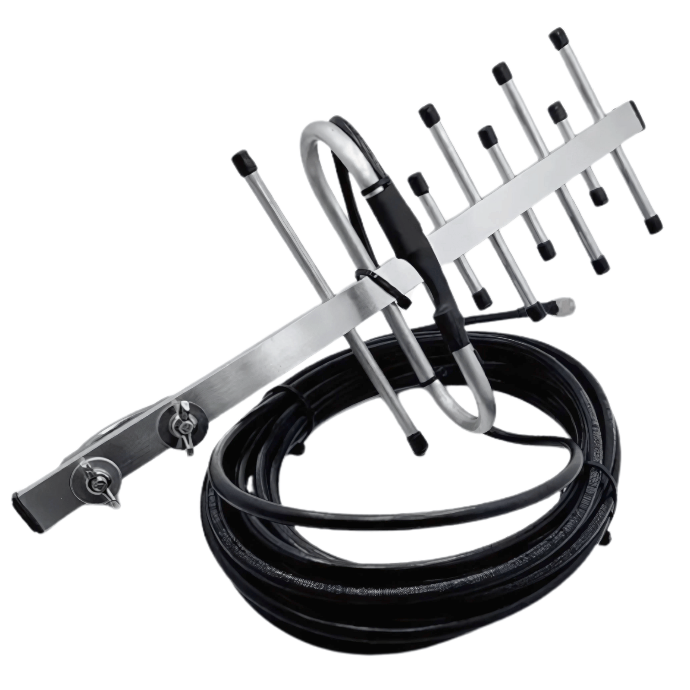 Antena Yagi Amplificadora De Señal 15dB, Frecuencias 824MHz con Cable Marca PPC Belden Certificado de Baja Perdida 8 Metros (Conector F Macho)
